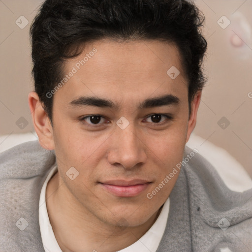 Joyful latino young-adult male with short  brown hair and brown eyes