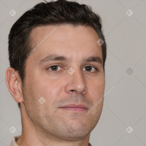 Neutral white adult male with short  brown hair and brown eyes