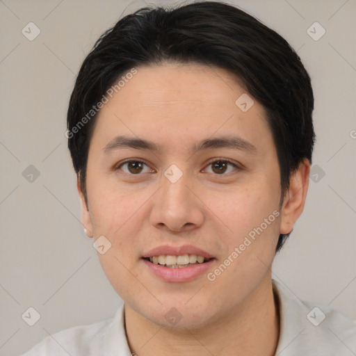 Joyful white young-adult female with short  brown hair and brown eyes