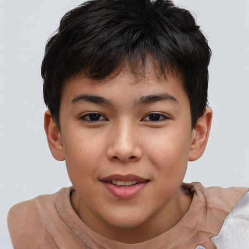 Joyful asian child male with short  brown hair and brown eyes