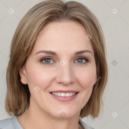 Joyful white young-adult female with medium  brown hair and blue eyes