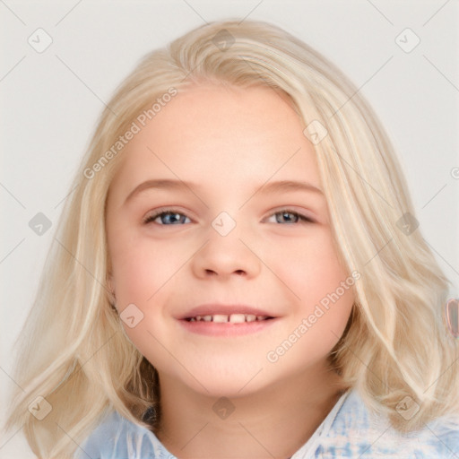 Joyful white child female with medium  brown hair and blue eyes