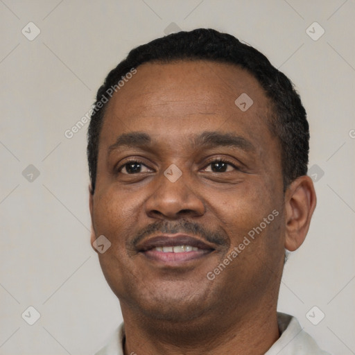 Joyful latino adult male with short  black hair and brown eyes
