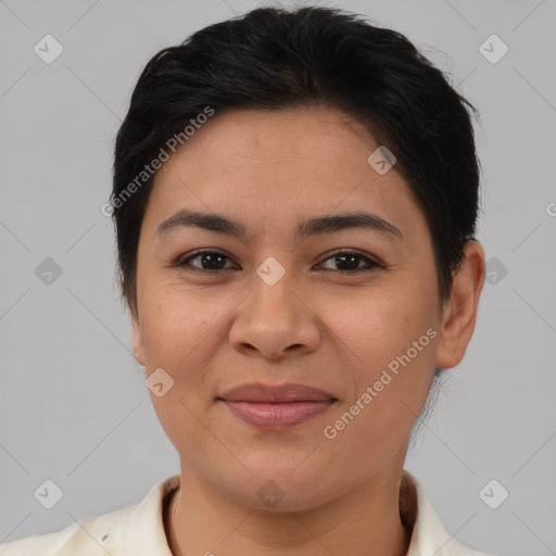 Joyful asian young-adult female with short  brown hair and brown eyes