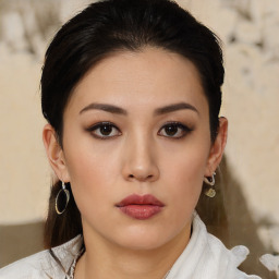 Neutral asian young-adult female with medium  brown hair and brown eyes