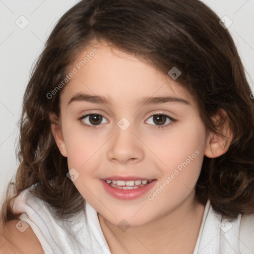 Joyful white child female with medium  brown hair and brown eyes