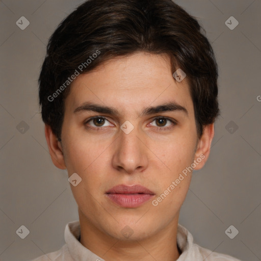 Neutral white young-adult male with short  brown hair and brown eyes