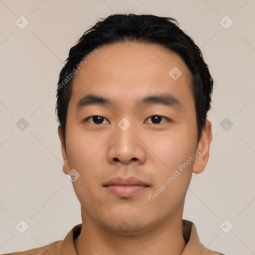 Neutral asian young-adult male with short  black hair and brown eyes