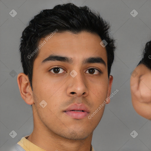 Neutral latino young-adult male with short  brown hair and brown eyes