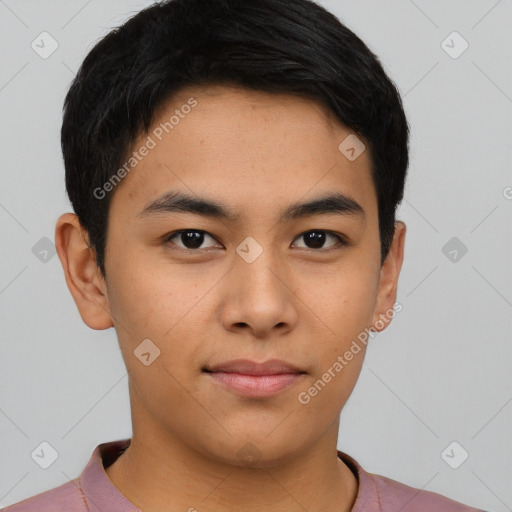 Neutral asian young-adult male with short  brown hair and brown eyes