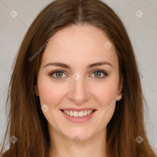 Joyful white young-adult female with long  brown hair and green eyes