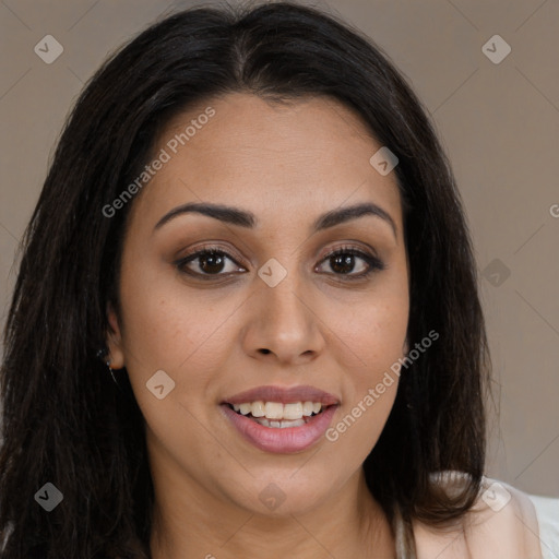 Joyful white young-adult female with long  brown hair and brown eyes