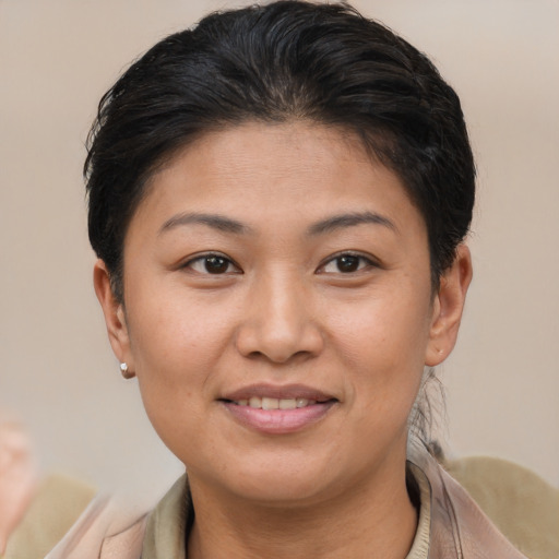 Joyful asian young-adult female with short  brown hair and brown eyes