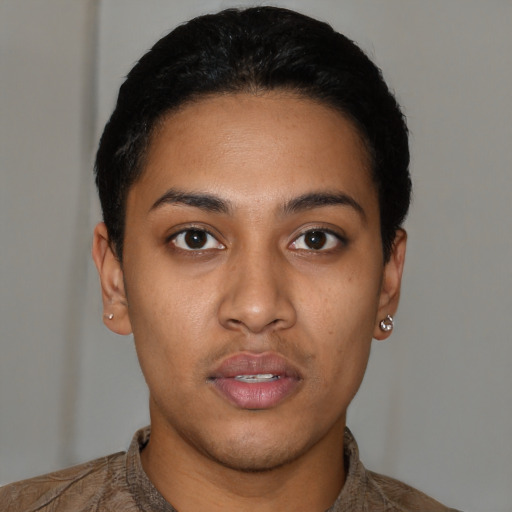 Neutral latino young-adult female with short  black hair and brown eyes