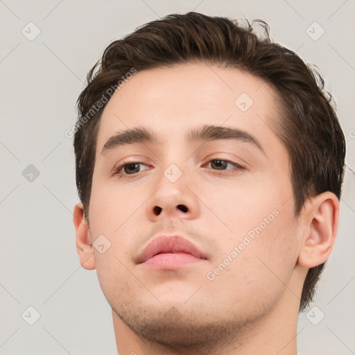 Neutral white young-adult male with short  brown hair and brown eyes