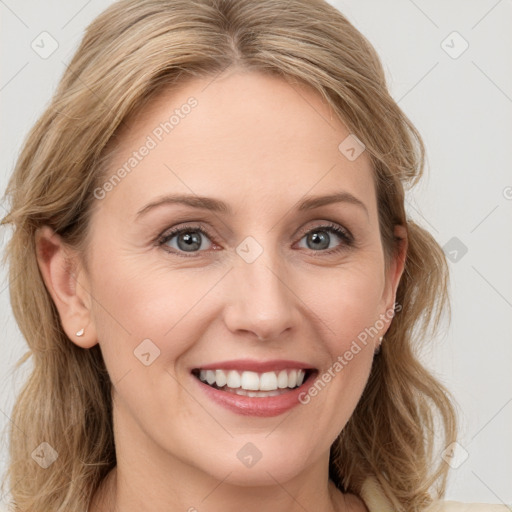 Joyful white young-adult female with medium  brown hair and green eyes