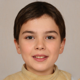 Joyful white child female with short  brown hair and brown eyes