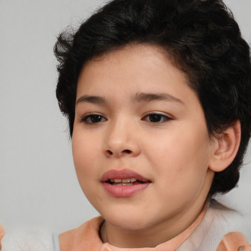 Joyful asian child female with short  brown hair and brown eyes