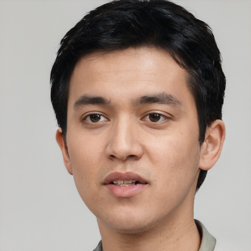 Neutral white young-adult male with short  black hair and brown eyes