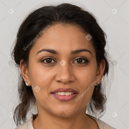 Joyful white adult female with medium  brown hair and brown eyes