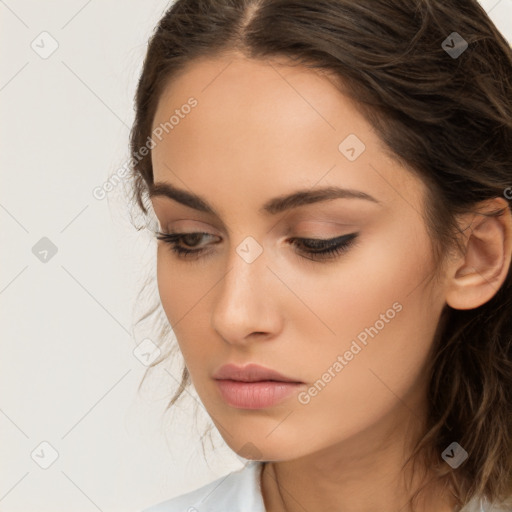 Neutral white young-adult female with long  brown hair and brown eyes