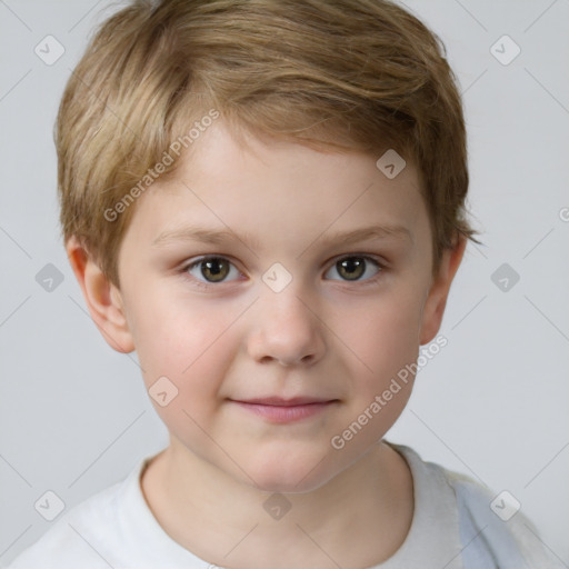 Joyful white child male with short  brown hair and brown eyes