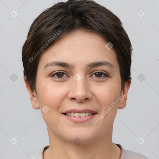 Joyful white young-adult female with short  brown hair and brown eyes