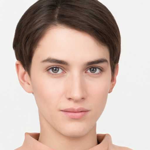 Neutral white young-adult male with short  brown hair and brown eyes