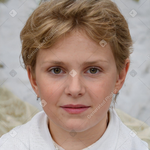 Joyful white young-adult female with short  brown hair and blue eyes