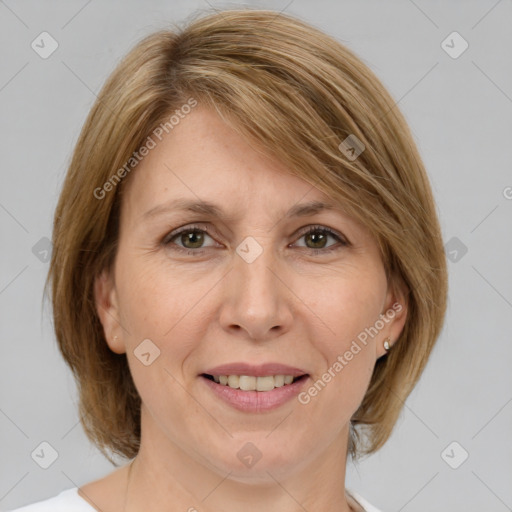 Joyful white adult female with medium  brown hair and grey eyes