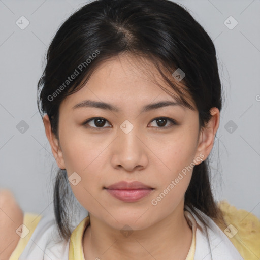 Neutral asian young-adult female with medium  brown hair and brown eyes