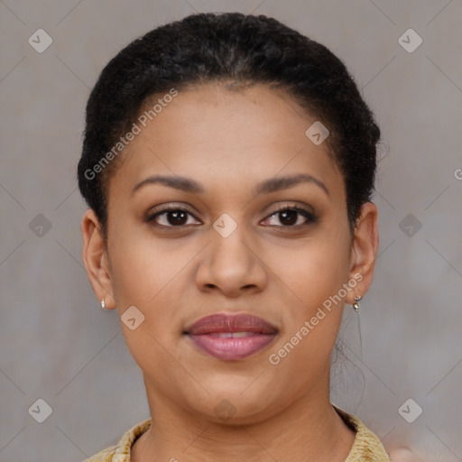 Joyful latino young-adult female with short  brown hair and brown eyes