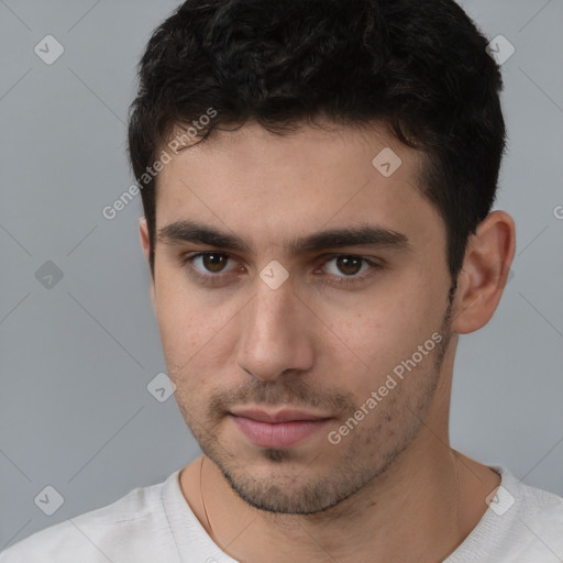 Neutral white young-adult male with short  brown hair and brown eyes