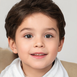 Joyful white child female with short  brown hair and brown eyes