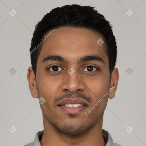 Neutral latino young-adult male with short  black hair and brown eyes
