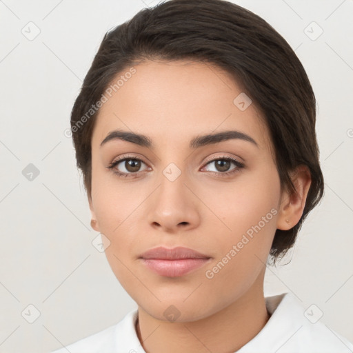 Neutral white young-adult female with medium  brown hair and brown eyes