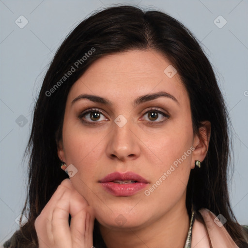 Joyful white young-adult female with long  brown hair and brown eyes