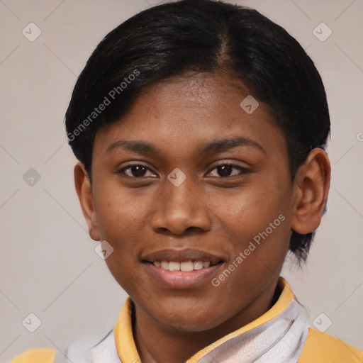 Joyful latino young-adult female with short  brown hair and brown eyes