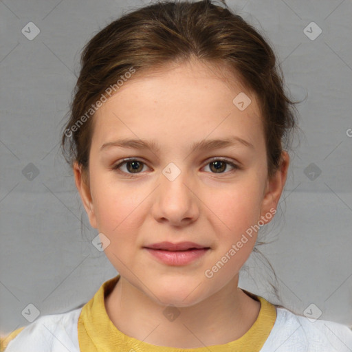 Joyful white child female with medium  brown hair and brown eyes