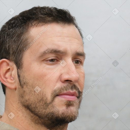 Neutral white adult male with short  brown hair and brown eyes