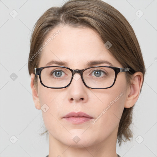 Neutral white young-adult female with medium  brown hair and grey eyes