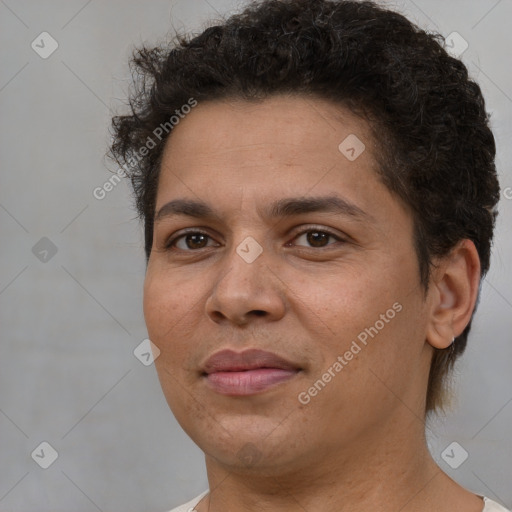 Joyful white adult female with short  brown hair and brown eyes