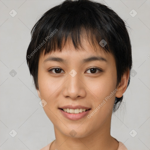 Joyful asian young-adult female with short  brown hair and brown eyes