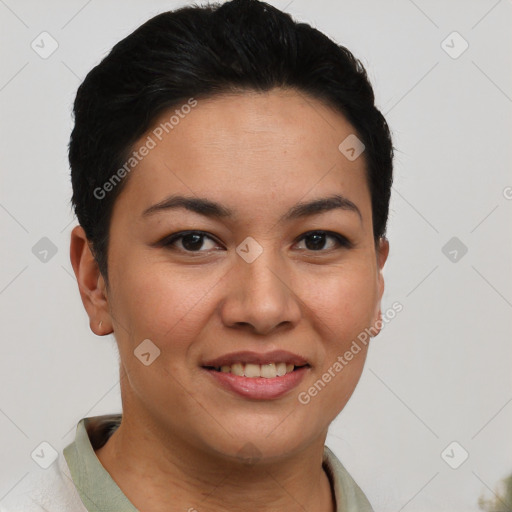 Joyful asian young-adult female with short  brown hair and brown eyes