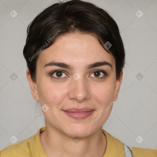 Joyful white young-adult female with short  brown hair and brown eyes