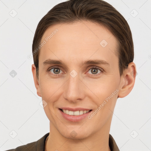 Joyful white young-adult female with short  brown hair and brown eyes