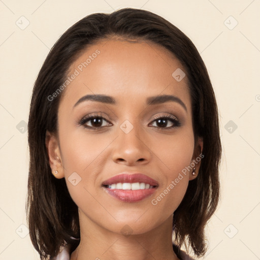 Joyful white young-adult female with long  brown hair and brown eyes