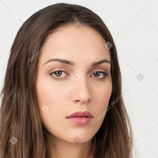 Neutral white young-adult female with long  brown hair and brown eyes