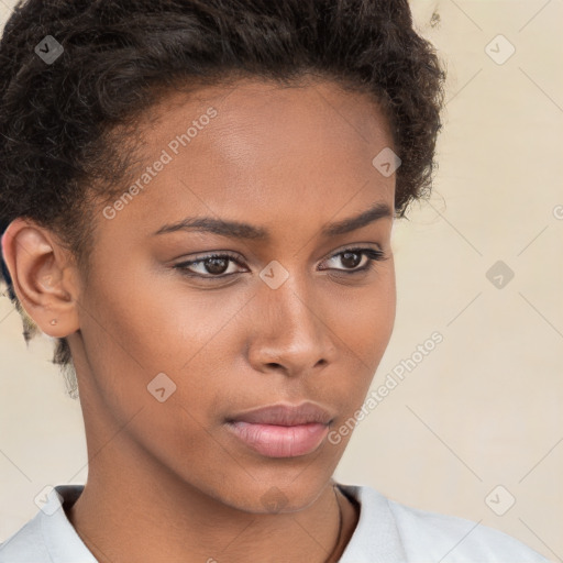 Neutral white young-adult female with short  brown hair and brown eyes