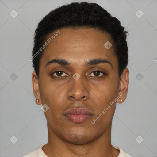 Neutral latino young-adult male with short  black hair and brown eyes